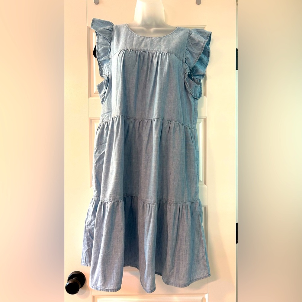 J Crew Denim Chambray Ruffle Sleeve Flutter Dress, Size 10